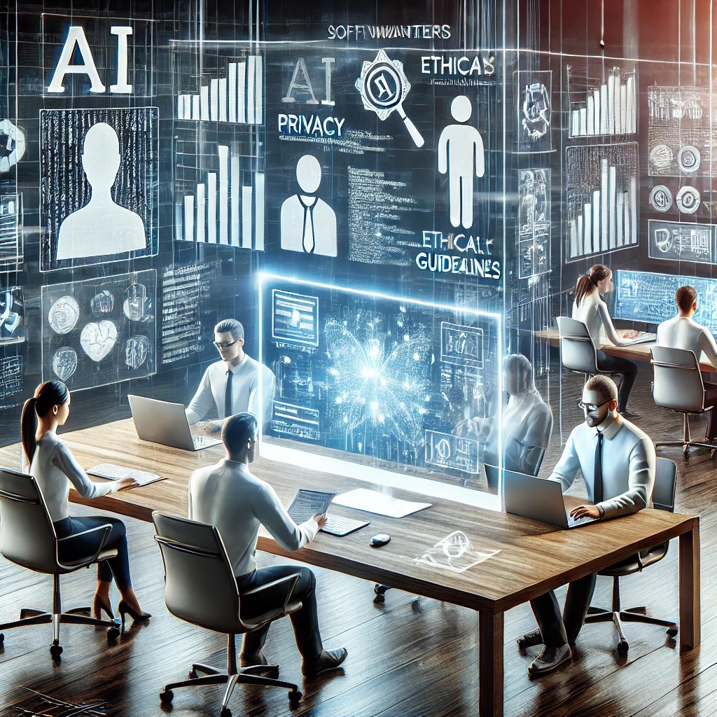 Illustration of a diverse team of data scientists and software engineers collaborating on an AI project, with a focus on ethical considerations in a modern, high-tech workspace.